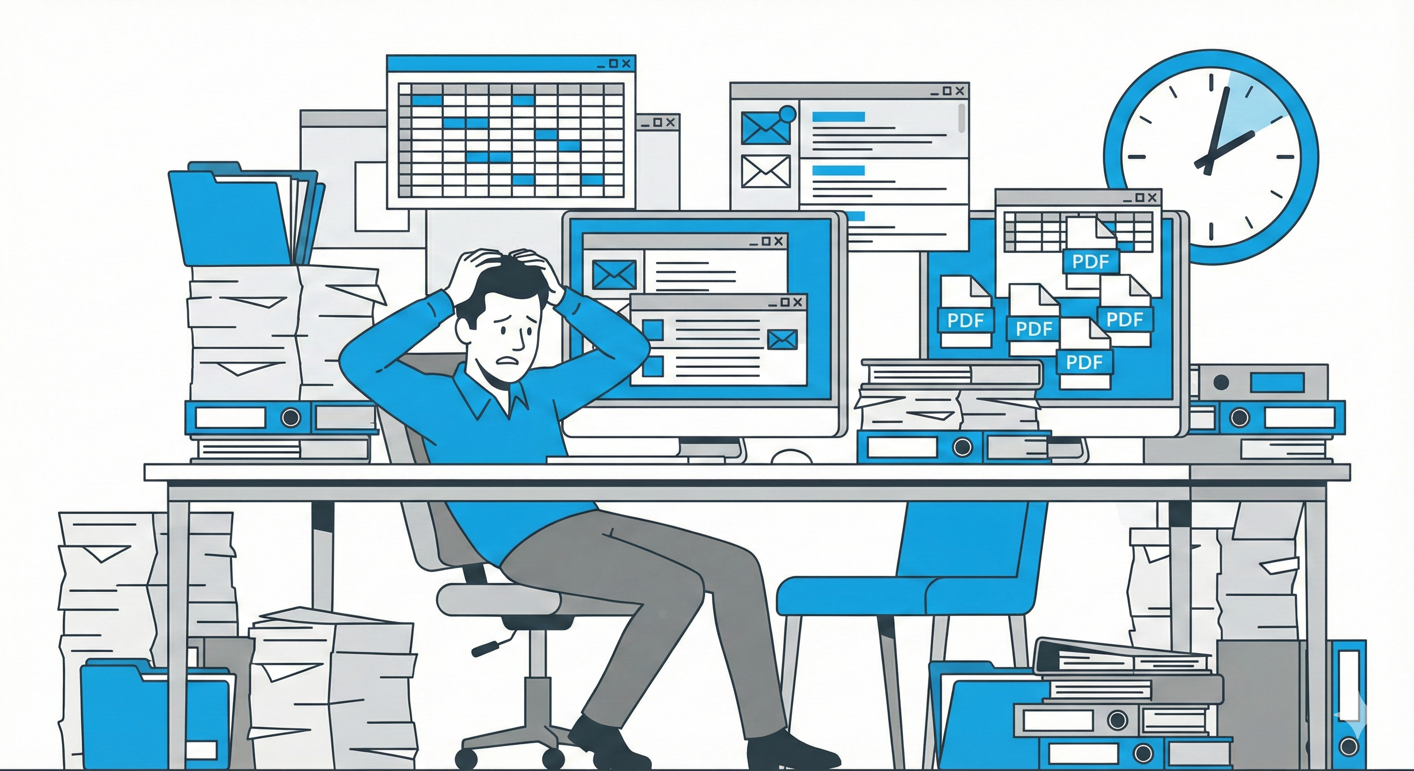 Overwhelmed office worker surrounded by documents and coordination tasks
